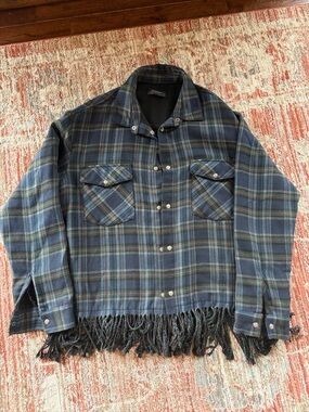 Zara Navy and Green Plaid Fringe Snap-Front Jacket